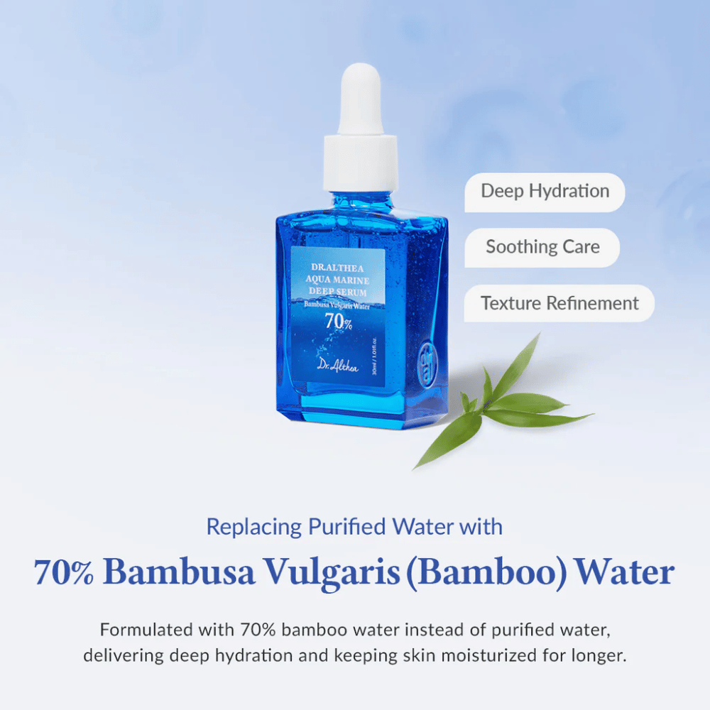 Dr. Althea Aqua Marine Deep Serum σε μπλε γυάλινο μπουκάλι με πιπέτα, φορμουλαρισμένο με 70% Bambusa Vulgaris (μπαμπού) water για βαθιά ενυδάτωση, καταπραϋντική φροντίδα και βελτιωμένη υφή δέρματος.