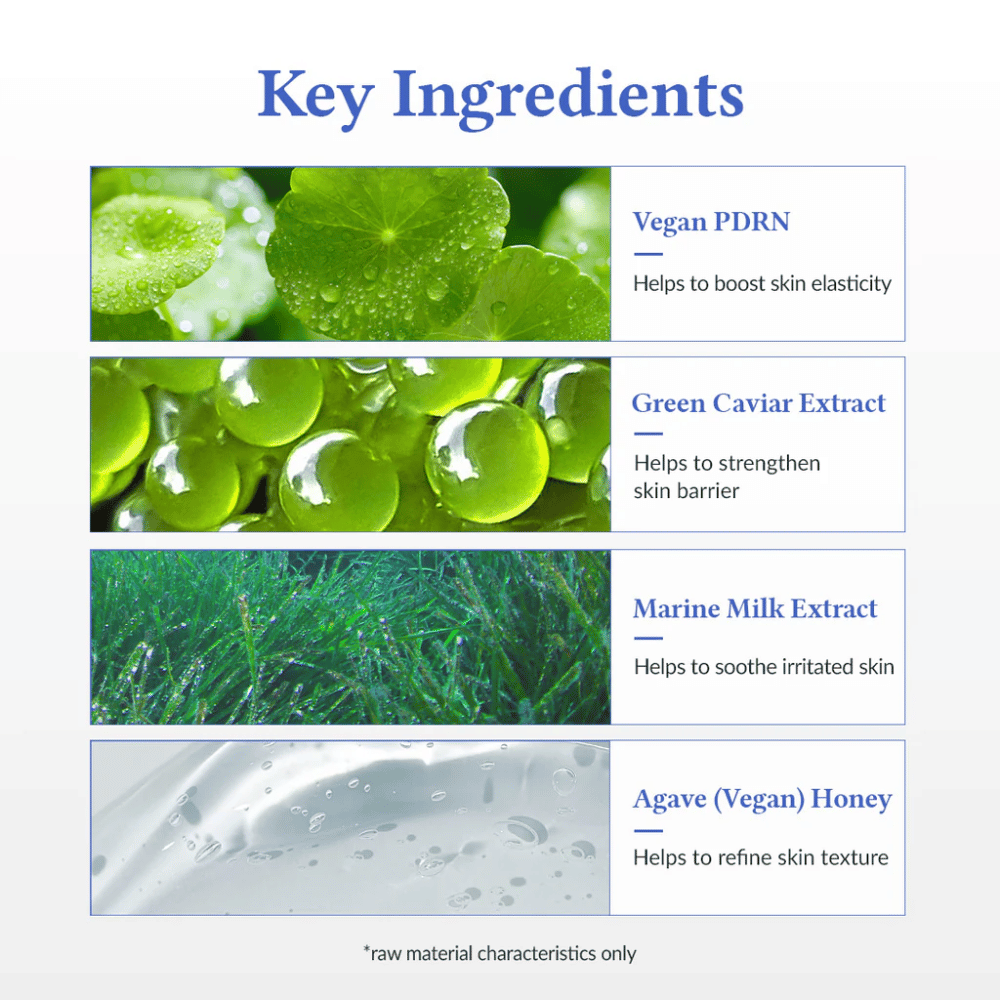 Βασικά συστατικά στο Dr. Althea Aqua Marine Deep Serum – Vegan PDRN για ελαστικότητα, Εκχύλισμα Πράσινου Χαβιαριού που ενισχύει το φράγμα του δέρματος, Εκχύλισμα Θαλάσσιου Γάλακτος που καταπραΰνει το δέρμα και Αγαύη (vegan μέλι) για πιο ομοιόμορφη υφή δέρματος.