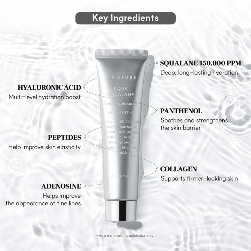 S.NATURE Aqua Squalane Moisturizing Cream με squalane, υαλουρονικό οξύ, πανθενόλη, πεπτίδια και κολλαγόνο για ενυδατωμένη και απαλή επιδερμίδα.