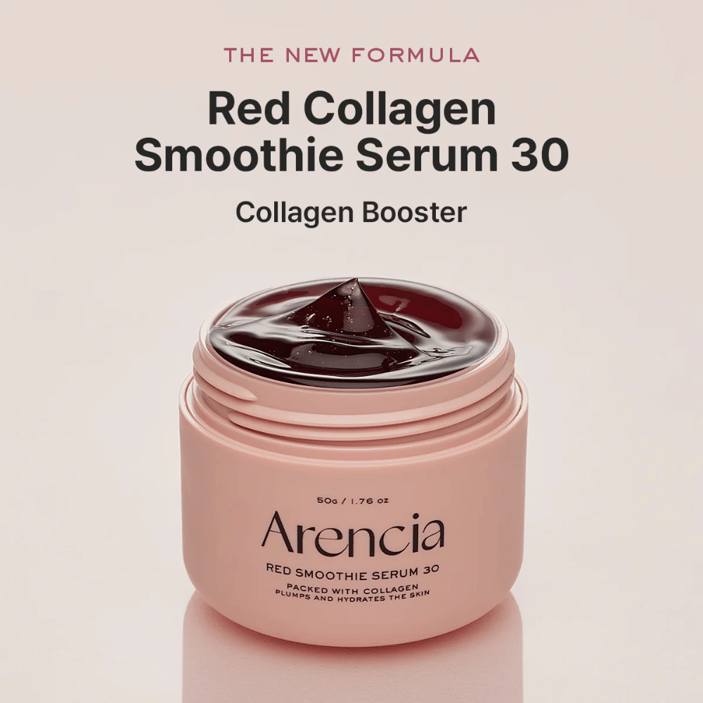 Arencia Red Smoothie Serum 30 σε ροζ βάζο, νέα φόρμουλα που λειτουργεί ως ενισχυτής κολλαγόνου.