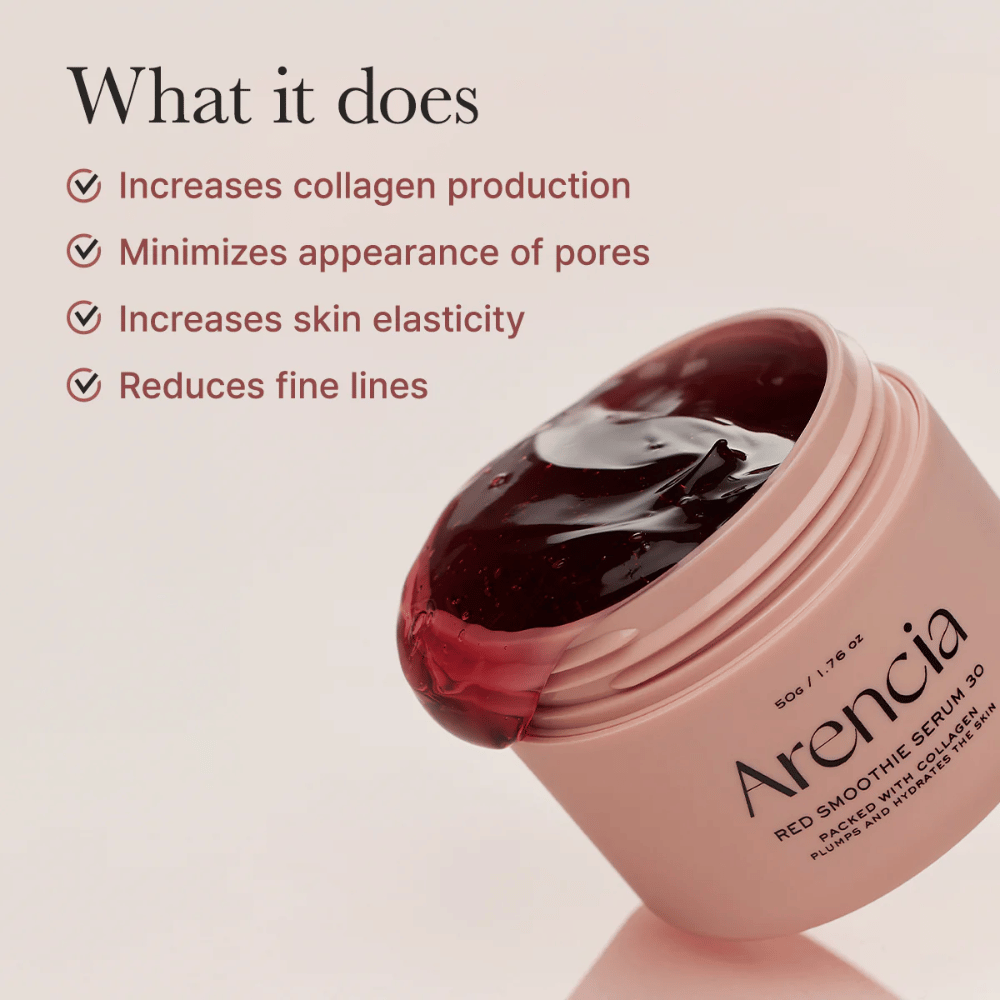 Ανοιχτό βάζο Arencia Red Smoothie Serum 30 με υφή σαν ζελέ, καταγεγραμμένα οφέλη: αυξημένο κολλαγόνο, μειωμένοι πόροι, βελτιωμένη ελαστικότητα, μειωμένες γραμμές.