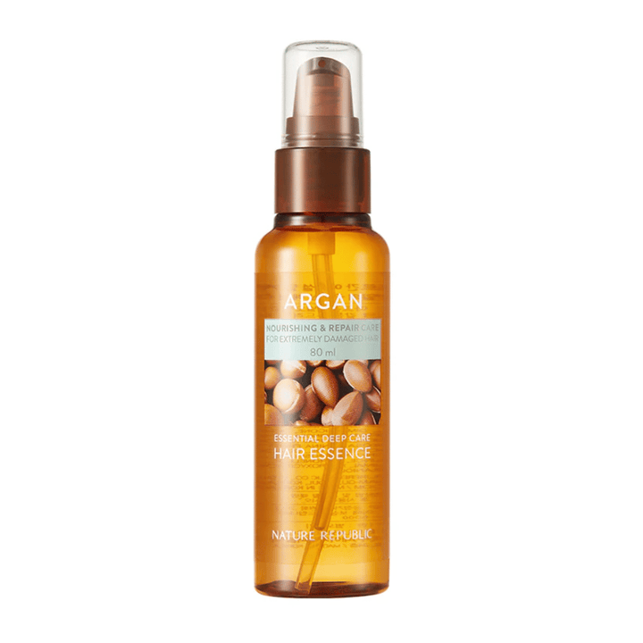 Produktbild på Nature Republic Argan Essential Moisture Hair Oil 80 ml – näringsrik hårolja för torrt och skadat hår.