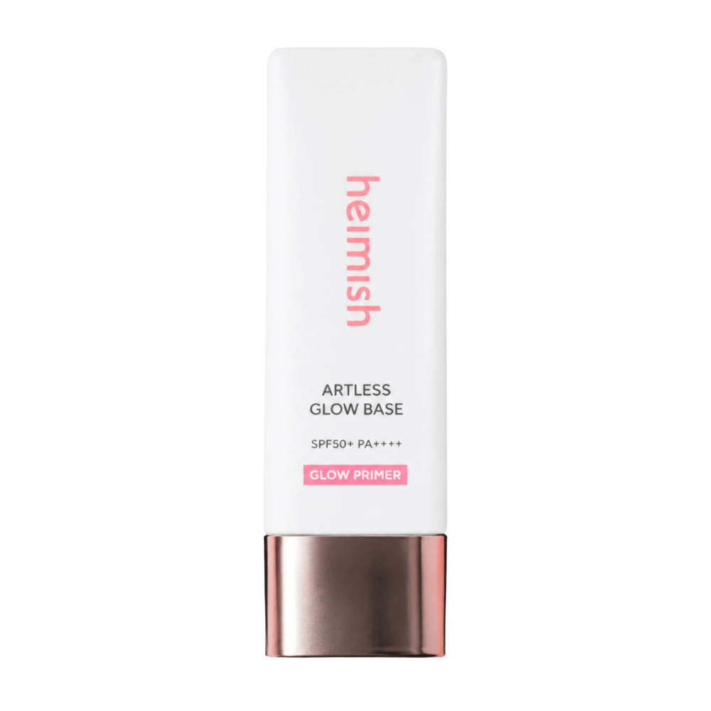 Heimish Artless Glow Base SPF50+ PA++++ – κορεατικό glow primer και αντηλιακή προστασία σε λευκή συσκευασία με καπάκι σε ροζ χρυσό χρώμα.