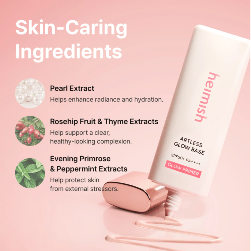 Heimish Artless Glow Base SPF50+ PA++++ με εκχύλισμα μαργαριταριού, αγριοτριανταφυλλιά, θυμάρι, νυχτολούλουδο και μέντα για ενυδάτωση και λάμψη.