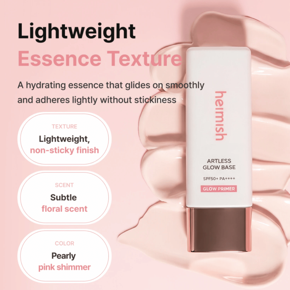 Heimish Artless Glow Base SPF50+ PA++++ – ελαφρύ ενυδατικό glow primer με ιριδίζον ροζ φινίρισμα χωρίς κολλώδη αίσθηση.