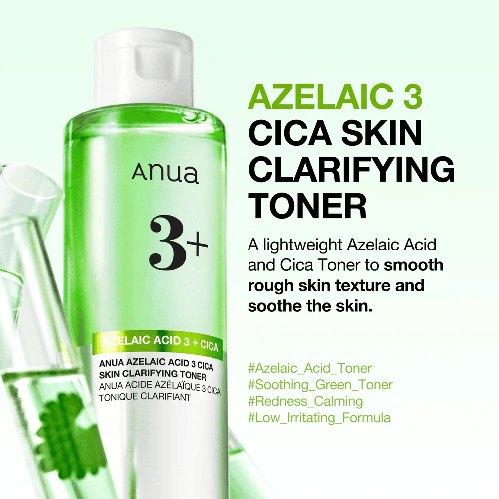 Anua Azelaic Acid 3 Cica Skin Clarifying Toner με 3 % αζελαϊκό οξύ και centella asiatica που απολεπίζουν απαλά, καταπραΰνουν το δέρμα και βελτιώνουν τη διαύγεια της επιδερμίδας.