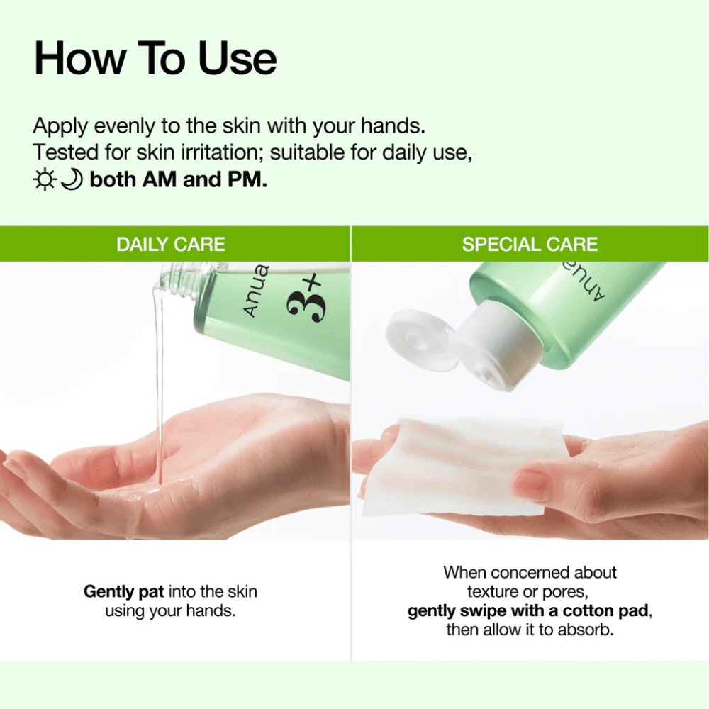 Anua Azelaic Acid 3 Cica Skin Clarifying Toner εφαρμόζεται με τα χέρια ή με βαμβακερό δίσκο για να καταπραΰνει το δέρμα και να βελτιώνει την υφή της επιδερμίδας.