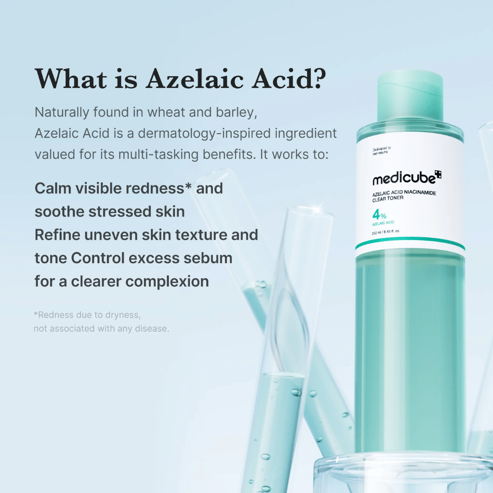 Medicube Azelaic Acid Niacinamide Clear Toner με 4% αζελαϊκό οξύ που βοηθά στην καταπράυνση της ερυθρότητας, στην εξομάλυνση του τόνου της επιδερμίδας και στον έλεγχο της περίσσειας σμήγματος για πιο καθαρό δέρμα.