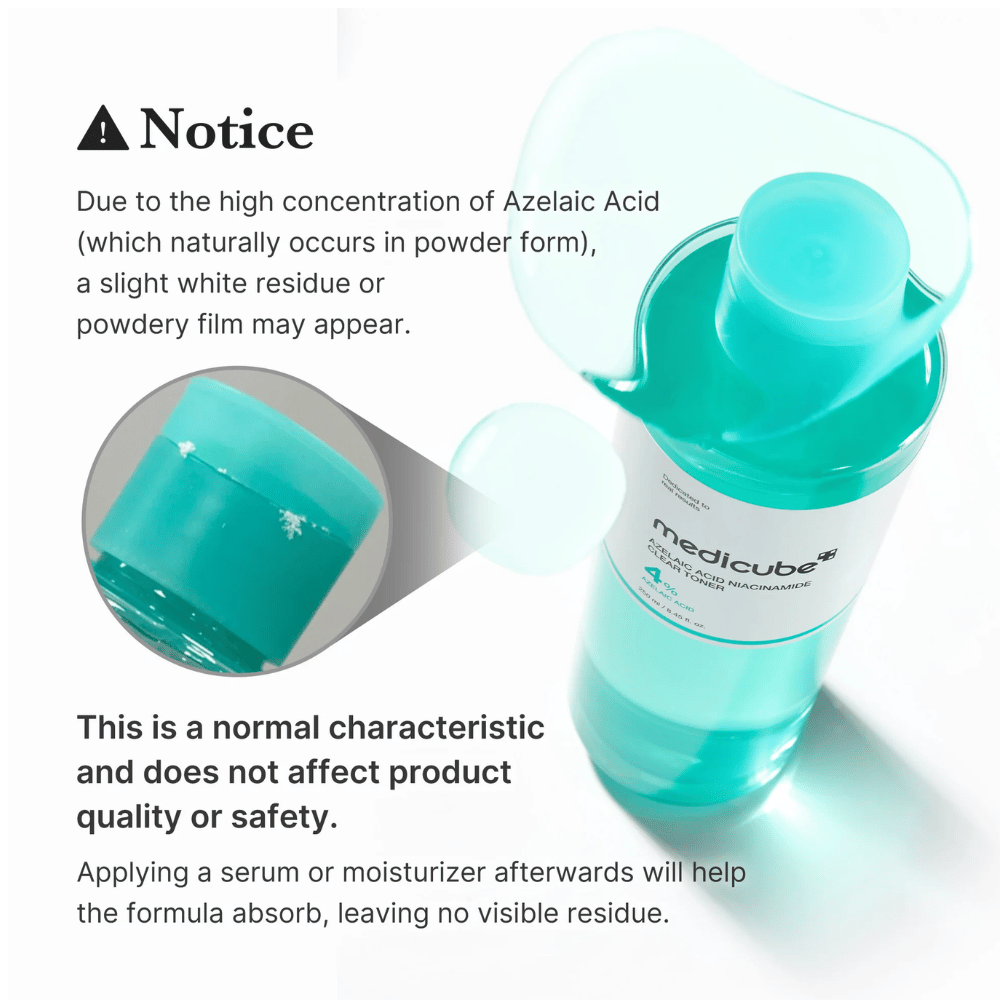 Medicube Azelaic Acid Niacinamide Clear Toner που δείχνει φυσικά υπολείμματα κρυστάλλων από αζελαϊκό οξύ και εξηγεί ότι αυτό είναι φυσιολογικό και δεν επηρεάζει την ποιότητα ή την ασφάλεια του προϊόντος.