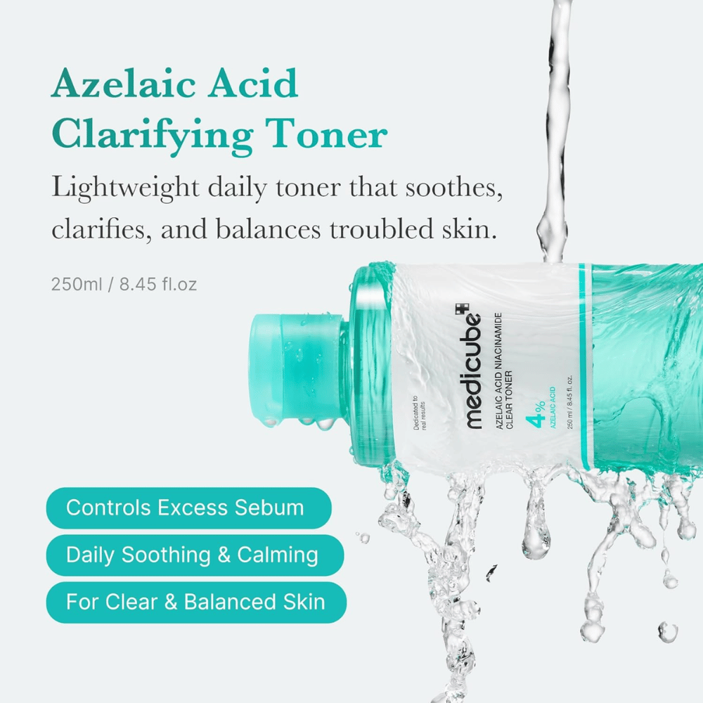 Medicube Azelaic Acid Niacinamide Clear Toner 4% με τρεχούμενο νερό που δείχνει ένα καταπραϋντικό τόνερ για την εξισορρόπηση της παραγωγής σμήγματος, τη μείωση των ατελειών και την παροχή πιο καθαρής επιδερμίδας.