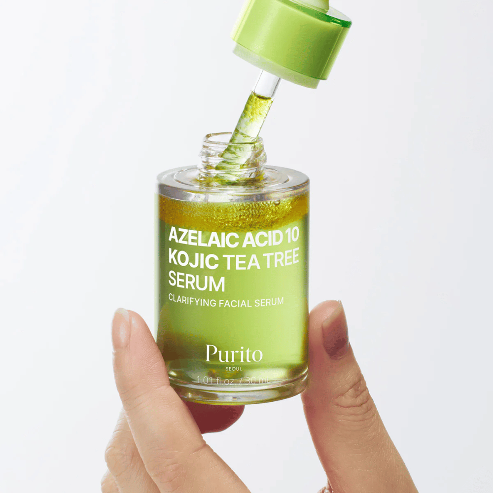 Purito Azelaic Acid 10 Kojic Tea Tree Serum – ελαφρύς ορός με πιπέτα. Περιέχει αζελαϊκό οξύ, kojic acid και tea tree για καθαρότερο δέρμα.