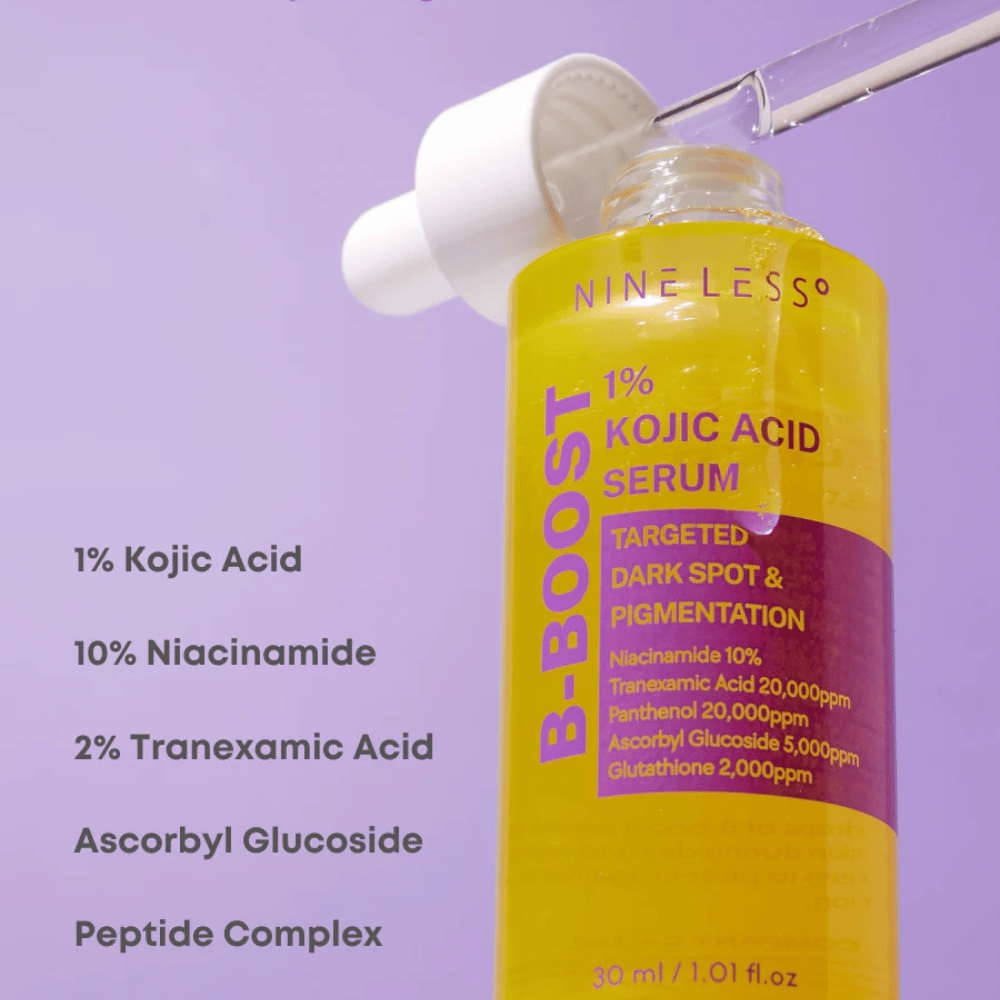 B-Boost 1% Kojic Acid Serum σε μπουκάλια με πιπέτα, για σκοτεινές κηλίδες και χρωματισμό.