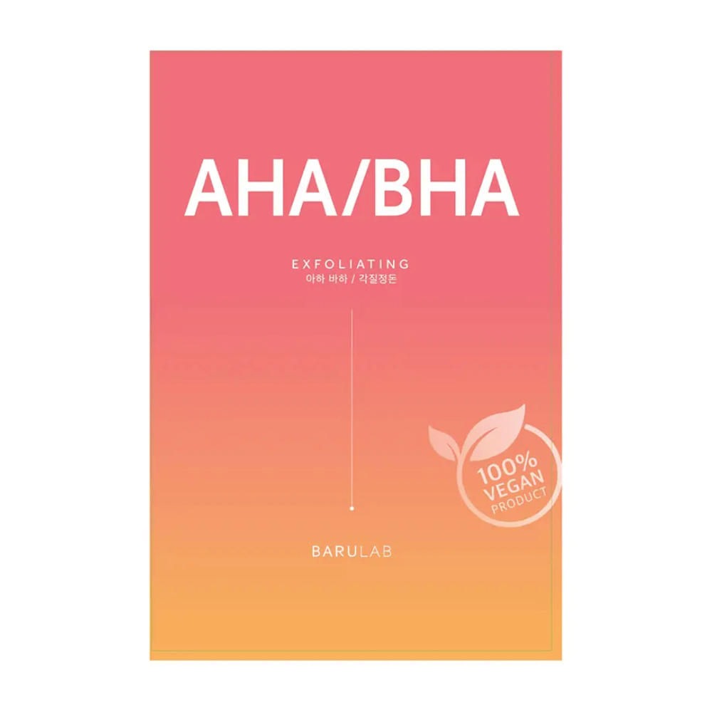 Μια συσκευασία προϊόντος BARULAB για μια μάσκα "AHA/BHA Exfoliating", σημειωμένη ως "100% Vegan Product". Η συσκευασία αλλάζει χρώμα από κόκκινο σε κίτρινο.