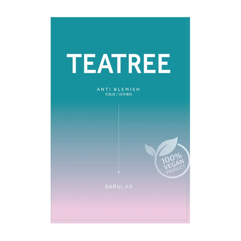 Μια συσκευασία από BARULAB μάσκα "TEATREE Anti Blemish", με σήμανση "100% Vegan Product". Η συσκευασία έχει μια διαβάθμιση χρώματος από τιρκουάζ στην κορυφή μέχρι ανοιχτό ροζ στο κάτω μέρος.