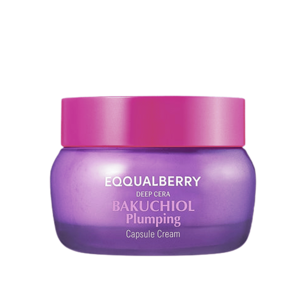 Εικόνα προϊόντος του EQQUALBERRY Bakuchiol Plumping Capsule Cream σε μωβ βάζο με ροζ καπάκι – εντατική ενυδάτωση και αντιγηραντική δράση.