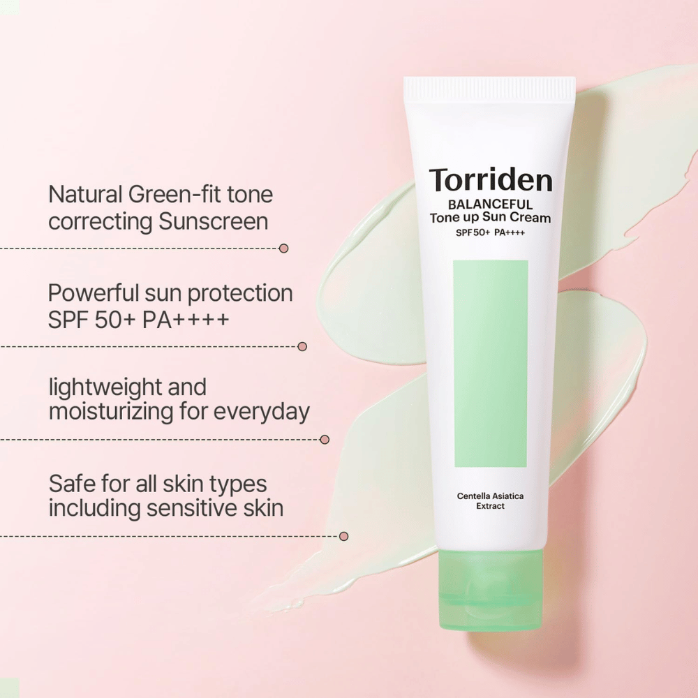 Torriden Balanceful Tone Up Sun Cream SPF50+ PA++++ με πράσινο διορθωτικό χρώματος tone-up αποτέλεσμα που βοηθά στην εξομάλυνση της ερυθρότητας και χαρίζει φυσική λάμψη.