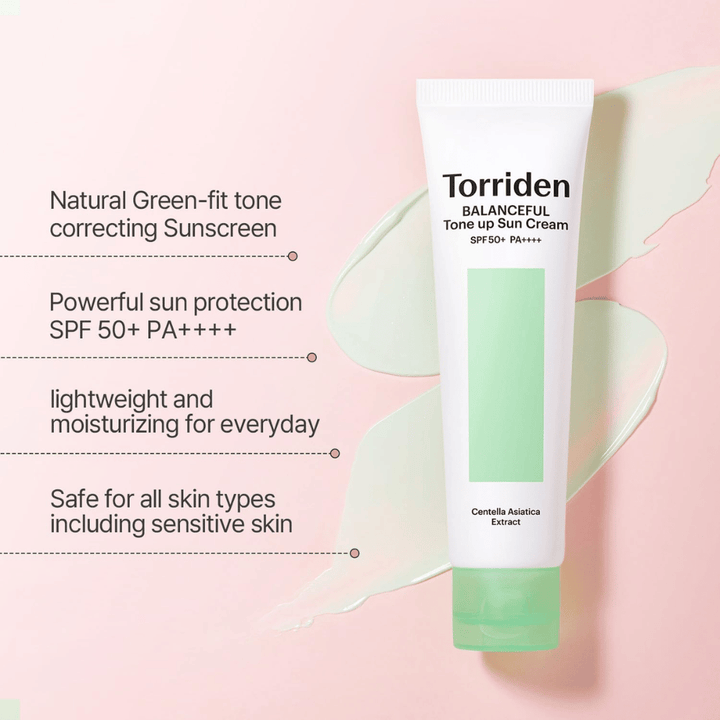 Torriden Balanceful Tone Up Sun Cream SPF50+ PA++++ με πράσινο διορθωτικό χρώματος tone-up αποτέλεσμα που βοηθά στην εξομάλυνση της ερυθρότητας και χαρίζει φυσική λάμψη.