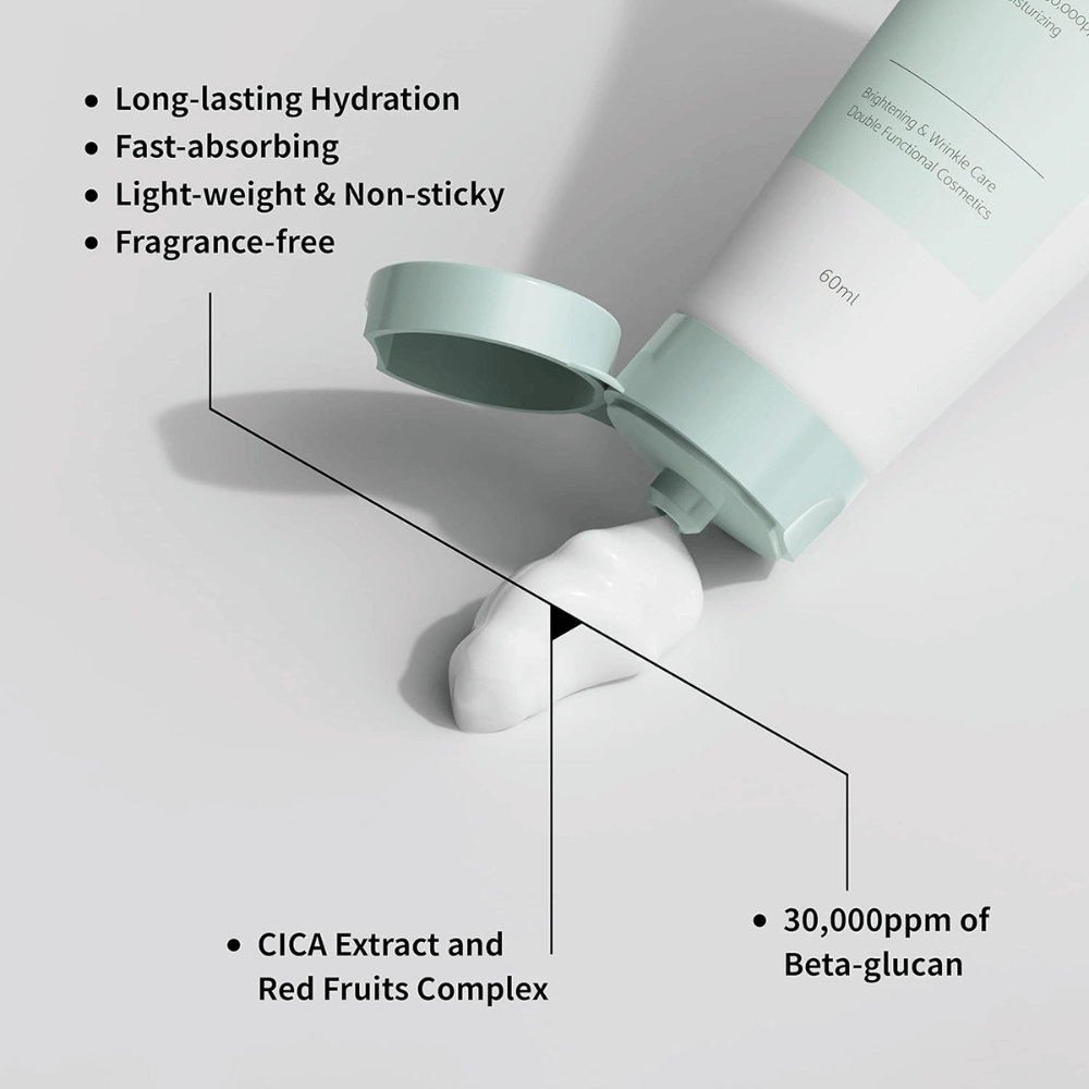 Κοντινό πλάνο του iUNIK Beta-Glucan Daily Moisture Cream όπου η κρέμα πιέζεται έξω από το σωληνάριο. Η εικόνα αναδεικνύει την ελαφριά υφή του προϊόντος και σημαντικές ιδιότητες όπως η μακράς διάρκειας ενυδάτωση, η γρήγορη απορρόφηση, η αίσθηση χωρίς κολλώδες, η σύνθεση χωρίς άρωμα, η βήτα-γλυκάνη καθώς και καταπραϋντικά συστατικά όπως το εκχύλισμα CICA.