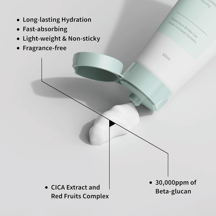 Κοντινό πλάνο του iUNIK Beta-Glucan Daily Moisture Cream όπου η κρέμα πιέζεται έξω από το σωληνάριο. Η εικόνα αναδεικνύει την ελαφριά υφή του προϊόντος και σημαντικές ιδιότητες όπως η μακράς διάρκειας ενυδάτωση, η γρήγορη απορρόφηση, η αίσθηση χωρίς κολλώδες, η σύνθεση χωρίς άρωμα, η βήτα-γλυκάνη καθώς και καταπραϋντικά συστατικά όπως το εκχύλισμα CICA.