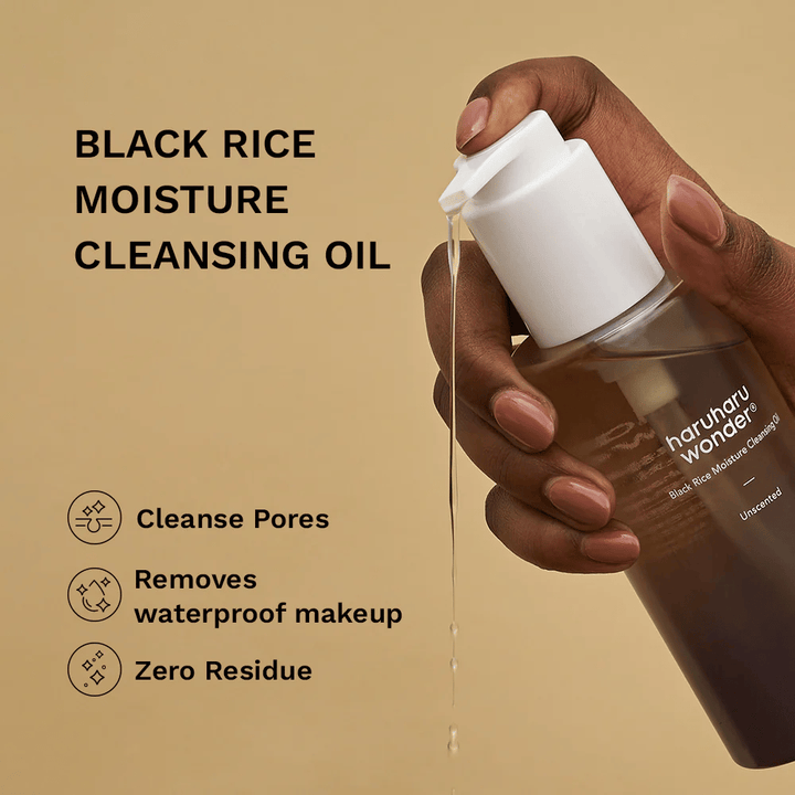 Haruharu Wonder Black Rice Moisture Cleansing Oil αντλεί καθαριστικό λάδι – αποτελεσματικό κατά του αδιάβροχου μακιγιάζ, καθαρίζει πόρους και δεν αφήνει υπολείμματα.