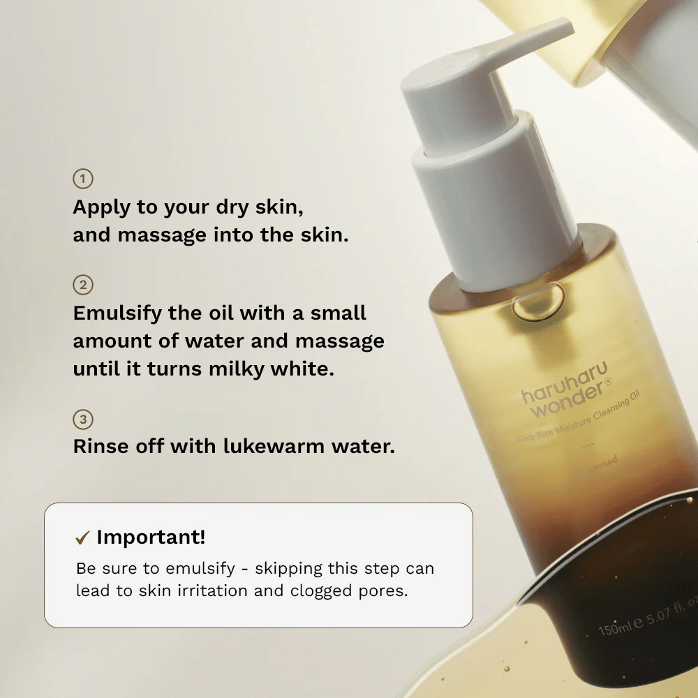 Haruharu Wonder Black Rice Moisture Cleansing Oil οδηγός εφαρμογής – καθαριστικό λάδι που εφαρμόζεται με μασάζ σε ξηρό δέρμα, γαλακτωματοποιείται με νερό και ξεπλένεται για αποτελεσματική αφαίρεση μακιγιάζ.