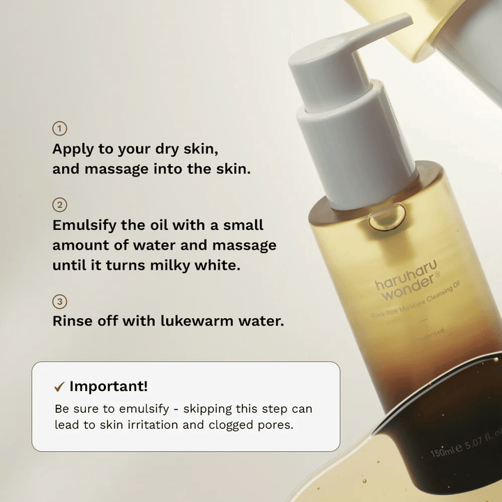 Haruharu Wonder Black Rice Moisture Cleansing Oil οδηγός εφαρμογής – καθαριστικό λάδι που εφαρμόζεται με μασάζ σε ξηρό δέρμα, γαλακτωματοποιείται με νερό και ξεπλένεται για αποτελεσματική αφαίρεση μακιγιάζ.