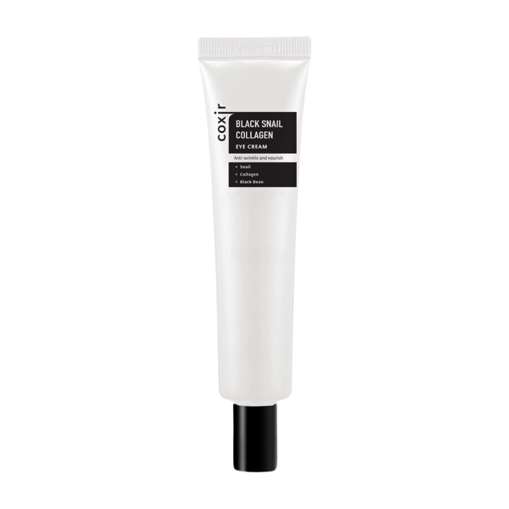 Η εικόνα δείχνει ένα σωληνάριο "Black Snail Collagen Eye Cream", μια κρέμα ματιών που τονίζει συστατικά όπως εκχύλισμα σαλιγκαριού, κολλαγόνο και μαύρο φασόλι. Αυτά τα συστατικά είναι γνωστά για τις αντιρυτιδικές και θρεπτικές τους ιδιότητες. Το προϊόν έχει σχεδιαστεί για να ενυδατώνει και να περιποιείται το ευαίσθητο δέρμα γύρω από τα μάτια.
