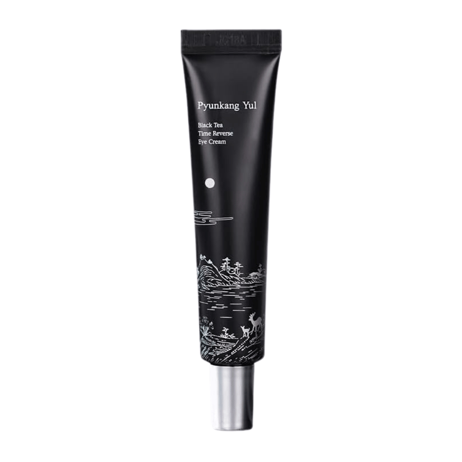 Pyunkang Yul Black Tea Time Reverse Eye Cream 25 ml σε μαύρο σωληνάριο με ζυμωμένο μαύρο τσάι, πεπτίδια και ενυδατικά συστατικά για την περιοχή των ματιών.