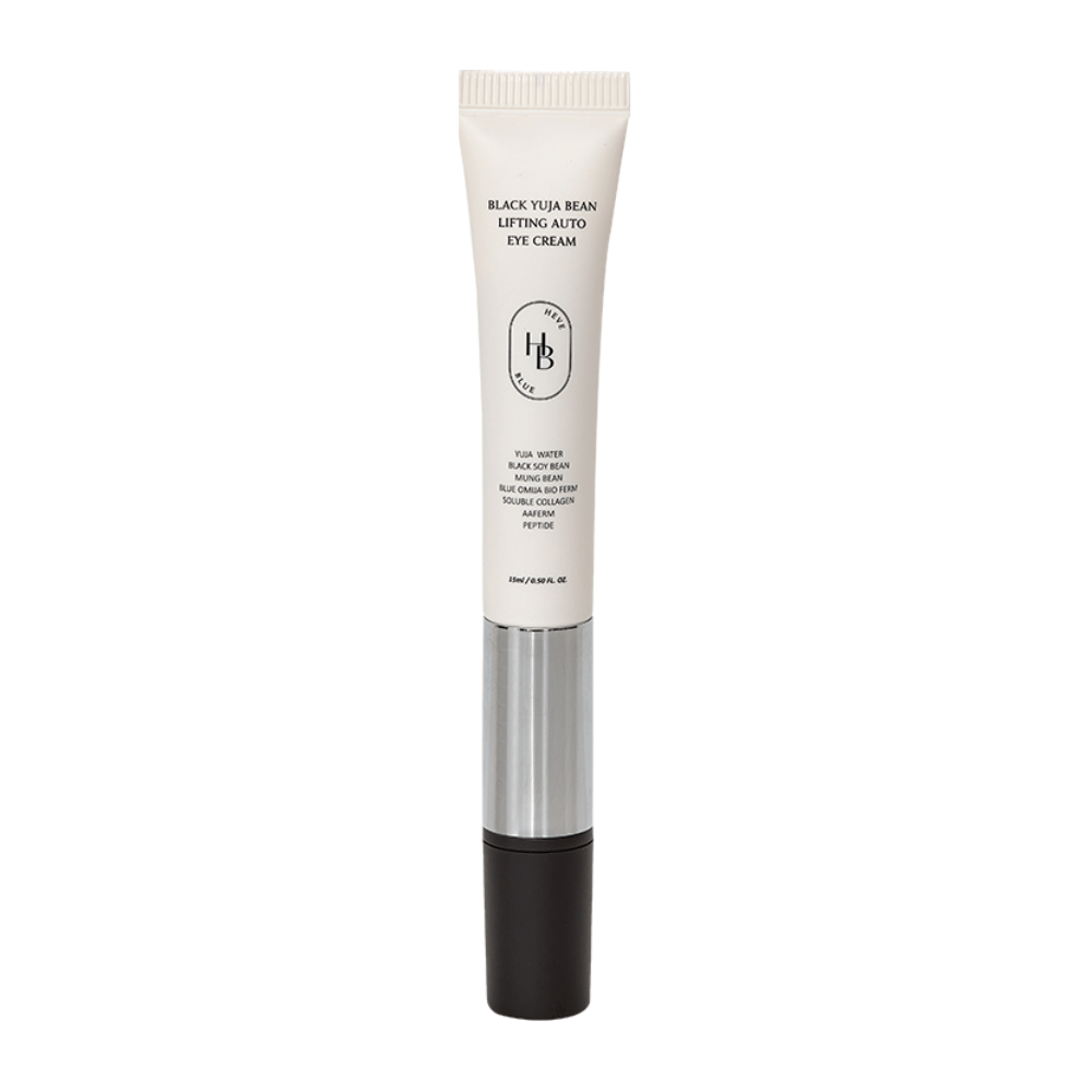 Produktbild av HEVE BLUE Black Yuja Bean Lifting Auto Eye Cream – en tub med vit ovandel, silvermitt och svart applikator. Text på förpackningen listar ingredienser som yuja water och black soy bean.