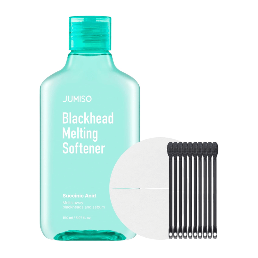 Εικόνα προϊόντος του JUMISO Blackhead Melting Softener Special Set. Περιλαμβάνει μπουκάλι, pads και tops για αποτελεσματική θεραπεία μαύρων στιγμάτων.