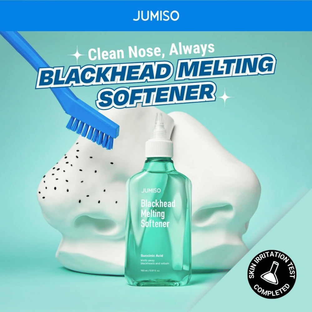 JUMISO Blackhead Melting Softener με βούρτσα κατά του λευκού μοντέλου μύτης. Κείμενο: «Καθαρή Μύτη, Πάντα». Κλινικά δοκιμασμένο για δερματικό ερεθισμό.
