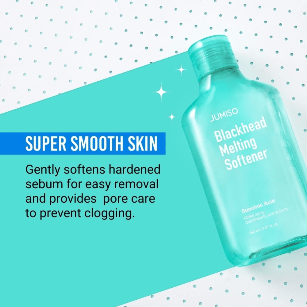 JUMISO Blackhead Melting Softener εμφανίζεται σε τυρκουάζ φόντο. Το κείμενο τονίζει ότι το προϊόν μαλακώνει το σμήγμα και προλαμβάνει φραγμένους πόρους.