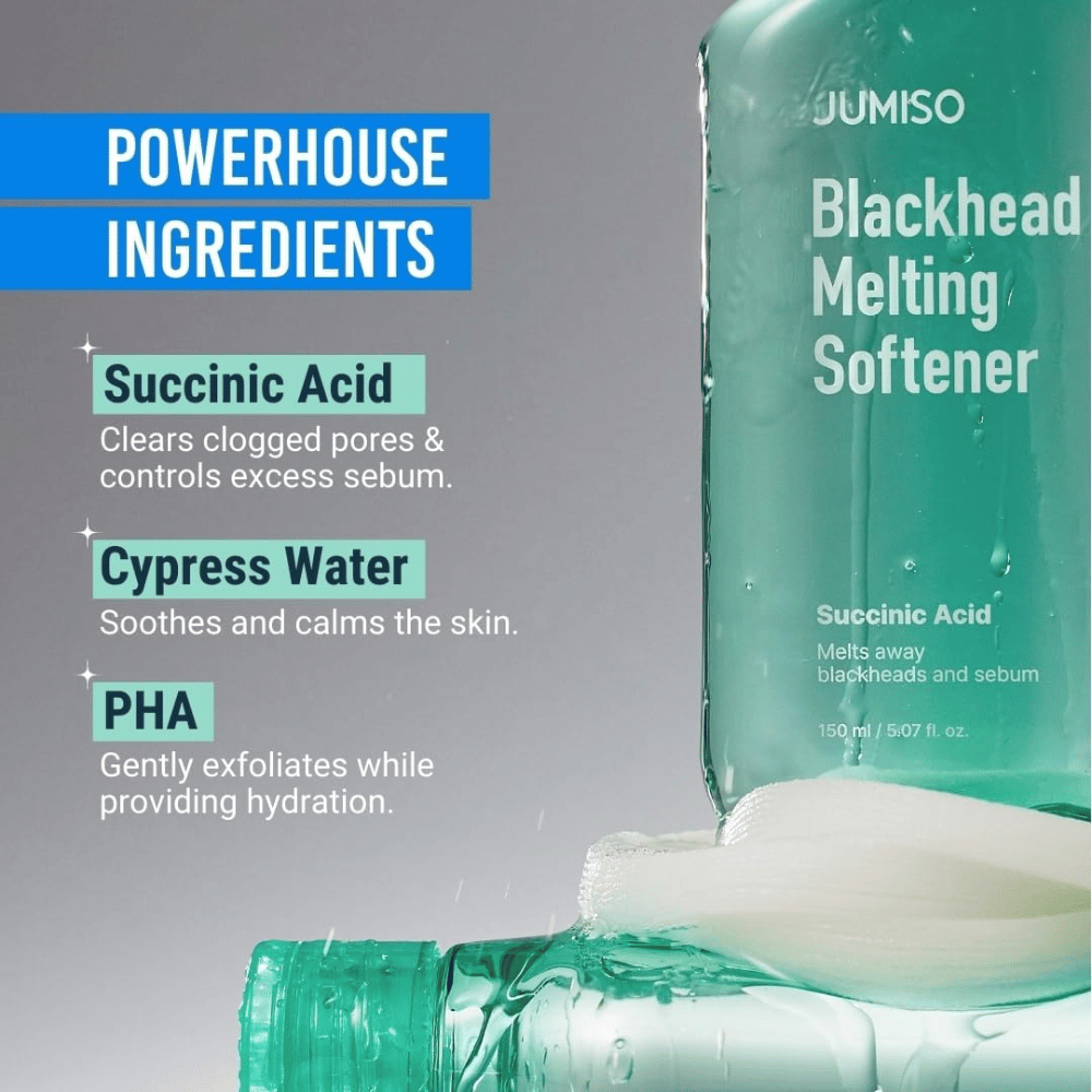 Κοντινό πλάνο της φιάλης JUMISO Blackhead Melting Softener. Το κείμενο δείχνει βασικά συστατικά: σουκινικό οξύ, νερό κυπαρίσσου και PHA για καθαρισμό πόρων.