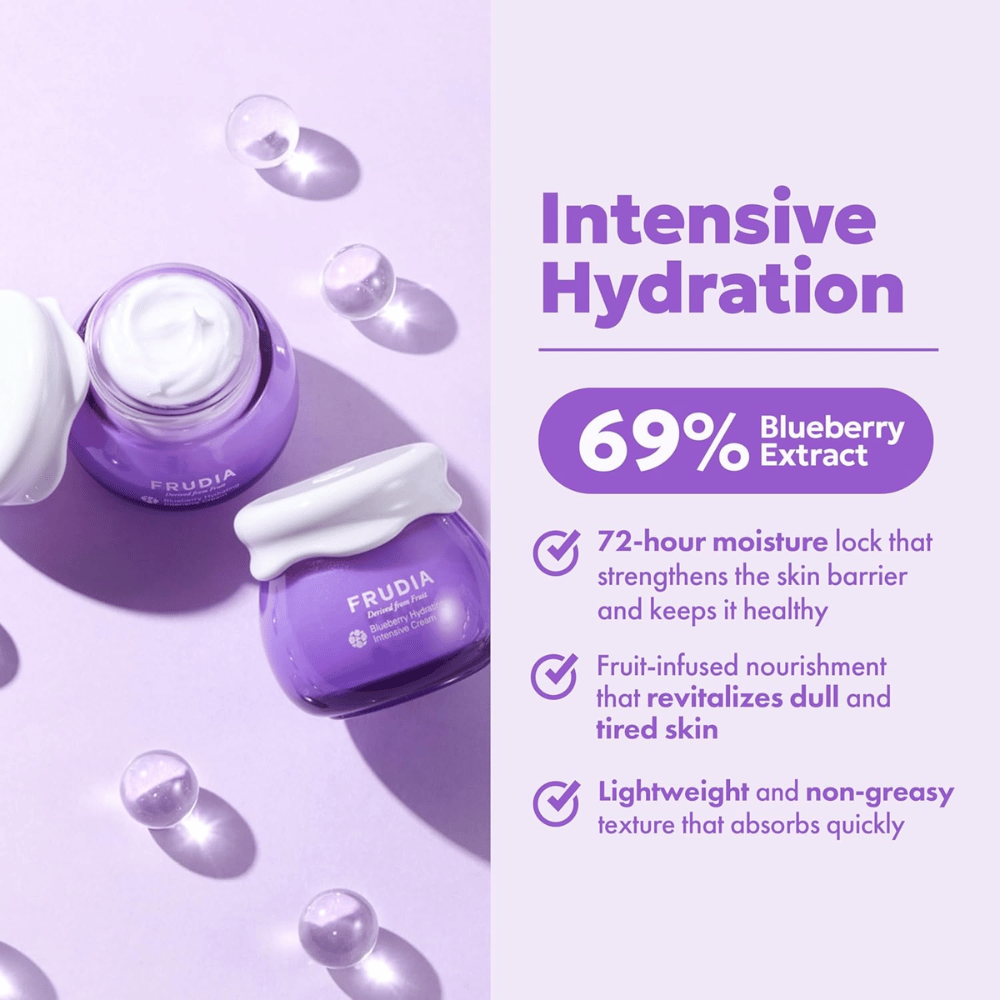 FRUDIA Blueberry Hydrating Intensive Cream με εντατική ενυδάτωση, 69% εκχύλισμα μύρτιλου και κρεμώδη υφή για ξηρό και αφυδατωμένο δέρμα