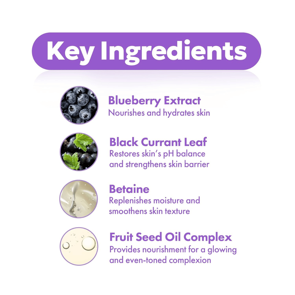 Κύρια συστατικά στο FRUDIA Blueberry Hydrating Intensive Cream με εκχύλισμα μύρτιλου, φύλλα μαύρης σταφίδας, βεταΐνη και σύνθετο έλαιο σπόρων φρούτων