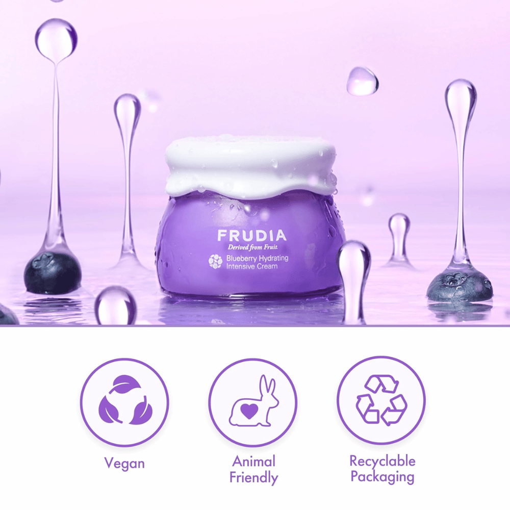 FRUDIA Blueberry Hydrating Intensive Cream σε υδατικό περιβάλλον με βίγκαν φόρμουλα, cruelty-free ιδιότητες και ανακυκλώσιμη συσκευασία