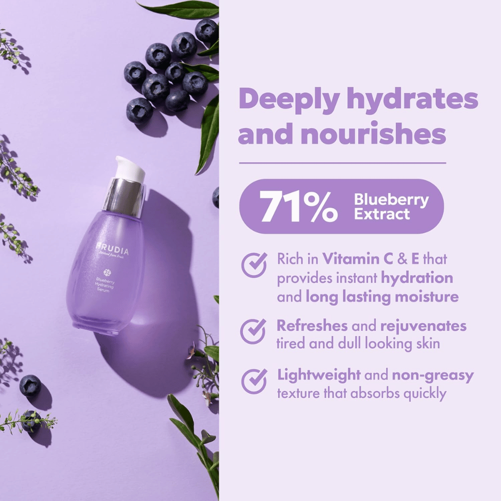 FRUDIA Blueberry Hydrating Serum με 71% εκχύλισμα μύρτιλου που προσφέρει έντονη ενυδάτωση, μακροχρόνια υγρασία, ελαφριά υφή και φρέσκια λάμψη στο ξηρό δέρμα.
