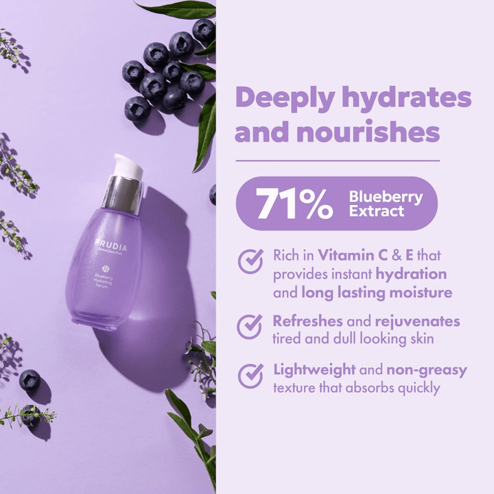 FRUDIA Blueberry Hydrating Serum με 71% εκχύλισμα μύρτιλου που προσφέρει έντονη ενυδάτωση, μακροχρόνια υγρασία, ελαφριά υφή και φρέσκια λάμψη στο ξηρό δέρμα.