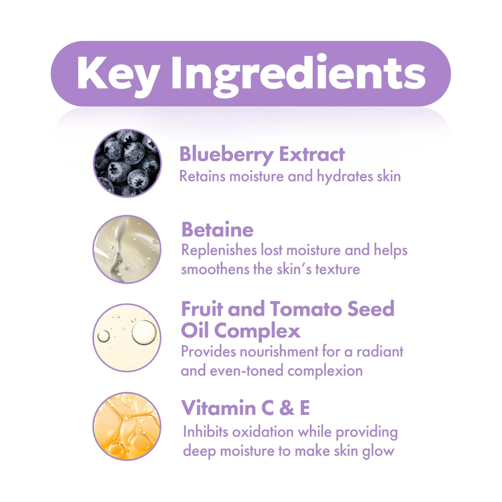 Κύρια συστατικά στο FRUDIA Blueberry Hydrating Serum με εκχύλισμα μύρτιλου, βεταΐνη, σύμπλεγμα ελαίου σπόρων και βιταμίνες C και E για ενυδατωμένο και λαμπερό δέρμα.