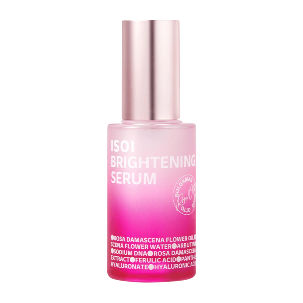 ISOI Brightening Serum 35 ml, ορός προσώπου που χαρίζει λάμψη με Rose PDRN και αρβουτίνη σε ροζ γυάλινο μπουκάλι με μεταλλικό ροζ καπάκι σε λευκό φόντο.
