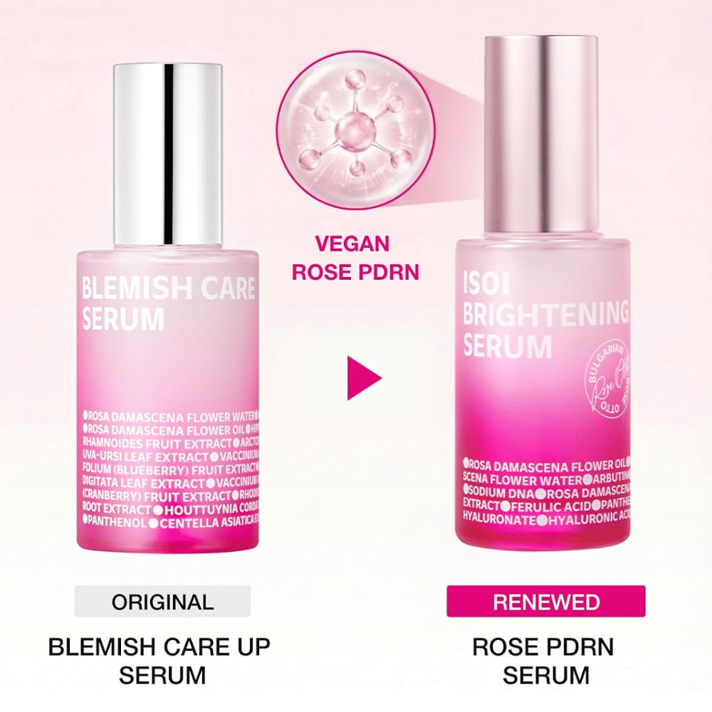ISOI Brightening Serum με vegan Rose PDRN. Σύγκριση μεταξύ του πρωτότυπου Blemish Care Up Serum και του ενημερωμένου ροζ μπουκαλιού ορού.