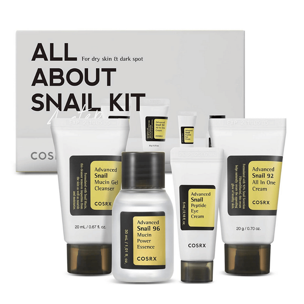 COSRX All About Snail Kit – κορεάτικο κουτί περιποίησης δέρματος με Snail Mucin Cleanser, Essence, Eye Cream και All In One Cream για ενυδάτωση και αποκατάσταση.