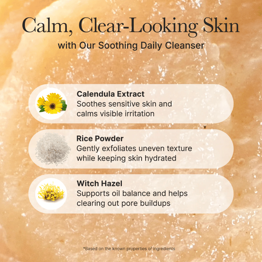Arencia Calendula Rice Mochi Cleanser με συστατικά όπως καλέντουλα, σκόνη ρυζιού και αμαμηλίδα – καταπραΰνει, απολεπίζει και ισορροπεί το δέρμα.