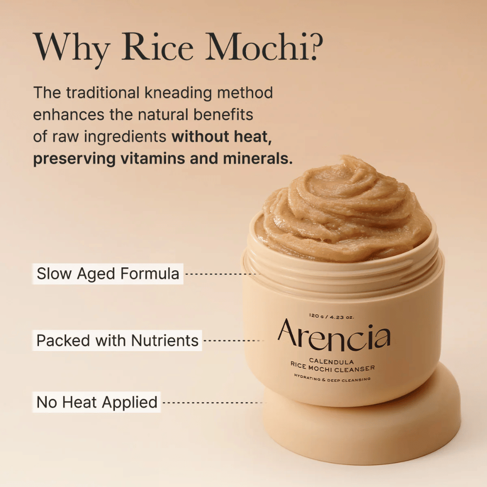 Arencia Calendula Rice Mochi Cleanser με περιγραφή της κρύας επεξεργασίας της φόρμουλας που διατηρεί βιταμίνες και μέταλλα για θρεπτική φροντίδα δέρματος.