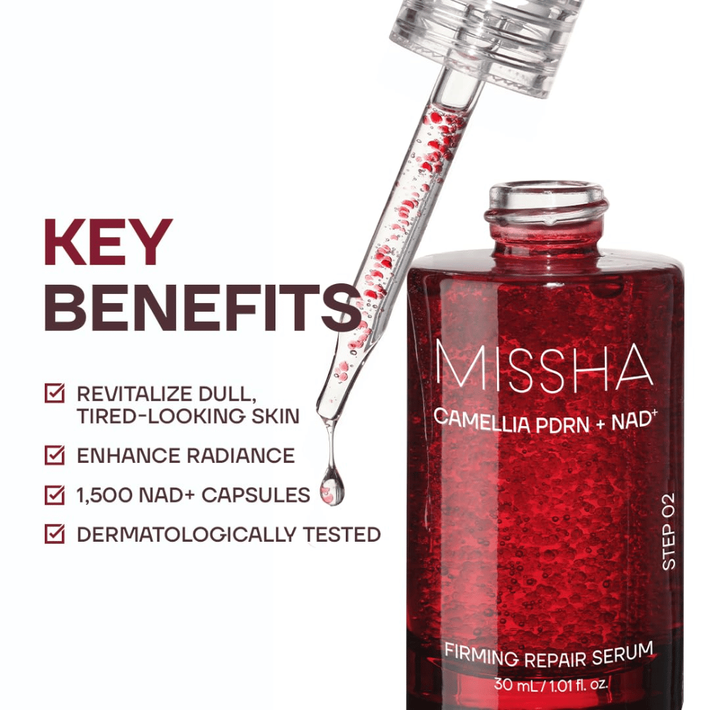 5. MISSHA Camellia PDRN NAD+ Firming Repair Serum – κόκκινο μπουκάλι serum με πιπέτα και ορατές κάψουλες καθώς και τα σημαντικότερα οφέλη του προϊόντος