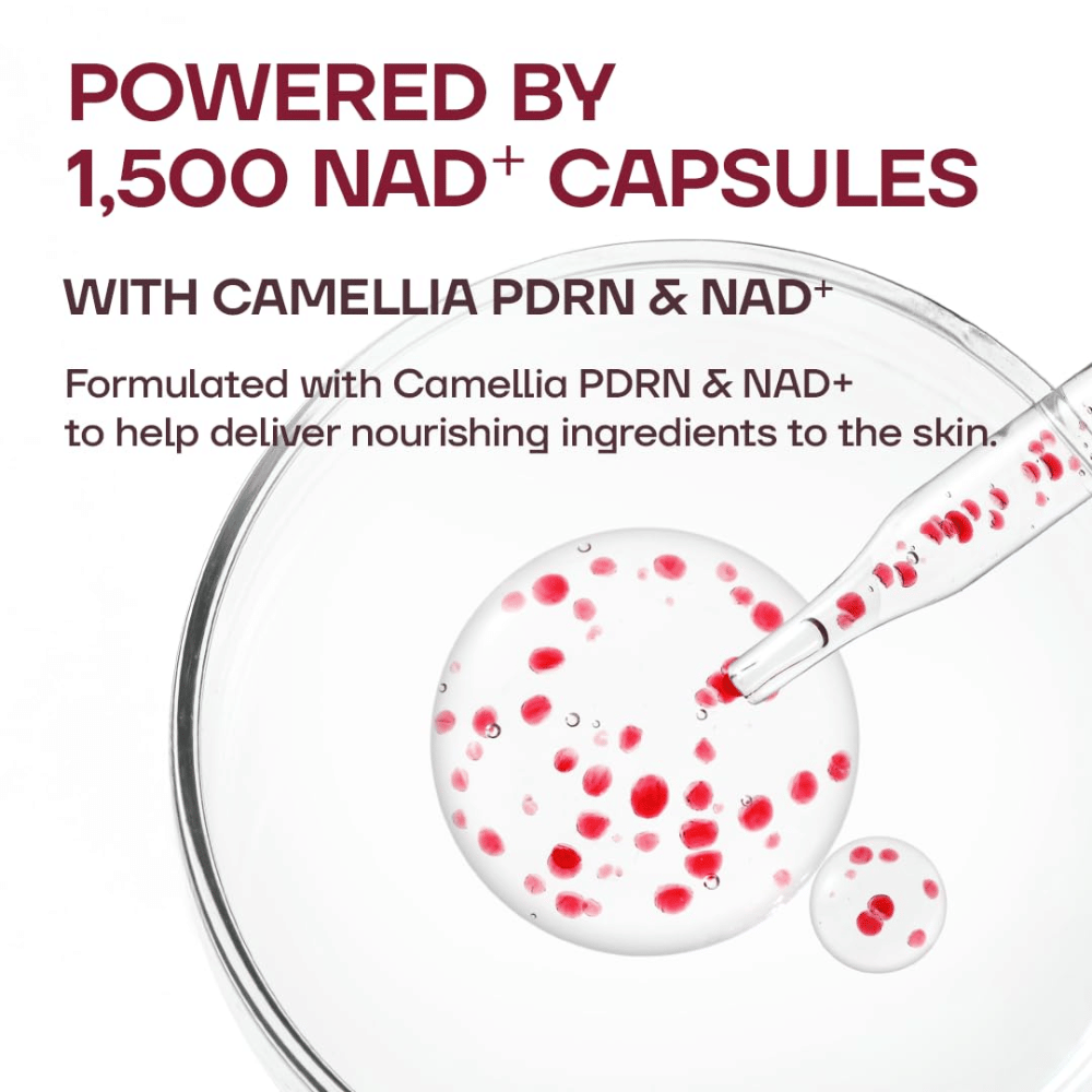 3. MISSHA Camellia PDRN NAD+ Firming Repair Serum – κοντινό πλάνο της διάφανης υφής του serum με 1500 κόκκινες κάψουλες NAD+