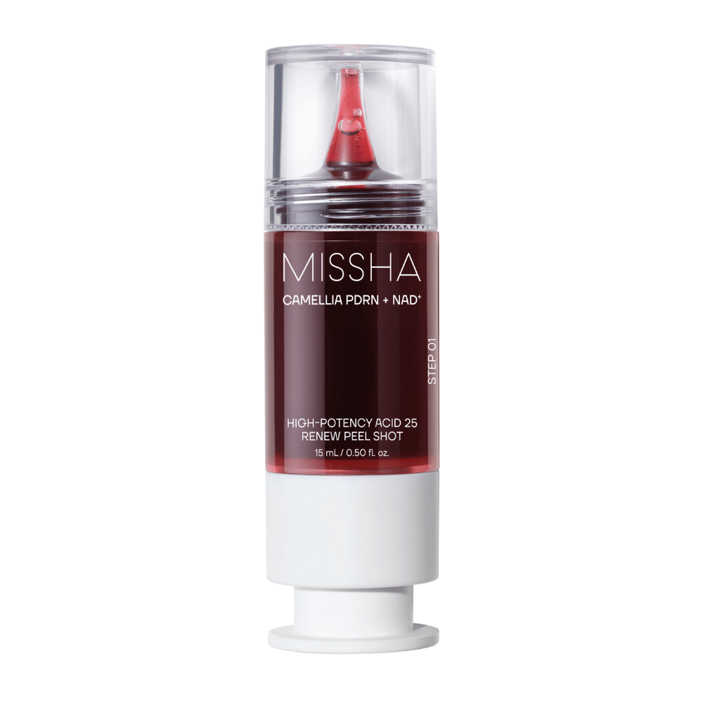 6. MISSHA Camellia PDRN NAD+ High-Potency Acid 25 Renew Peel Shot 15 ml – απολεπιστικό πίλινγκ σε κόκκινη και λευκή συσκευασία