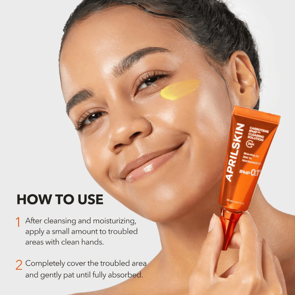 Το μοντέλο δείχνει πώς APRILSKIN Carrotene IPMP Clearing Solution χρησιμοποιείται σε προβληματικές περιοχές για ακμή, μαύρα στίγματα και φλεγμονώδη ξεσπάσματα