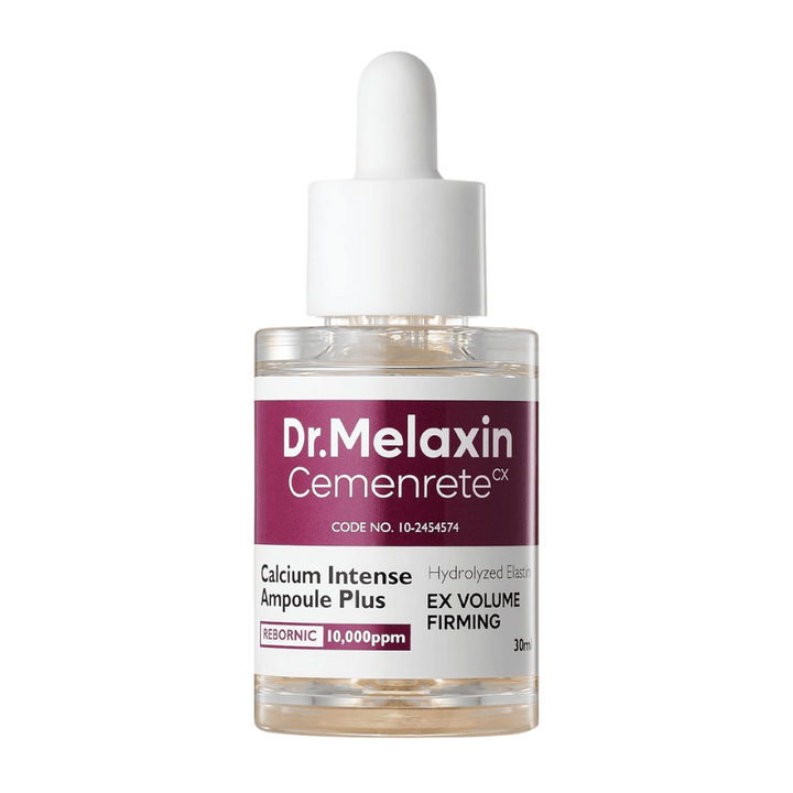Εικόνα προϊόντος της Dr. Melaxin Cemenrete Calcium Intense Ampoule Plus σε γυάλινη φιάλη με πιπέτα, μια κορεάτικη αντιγηραντική αμπούλα που ενισχύει τη δομή και την ελαστικότητα του δέρματος.