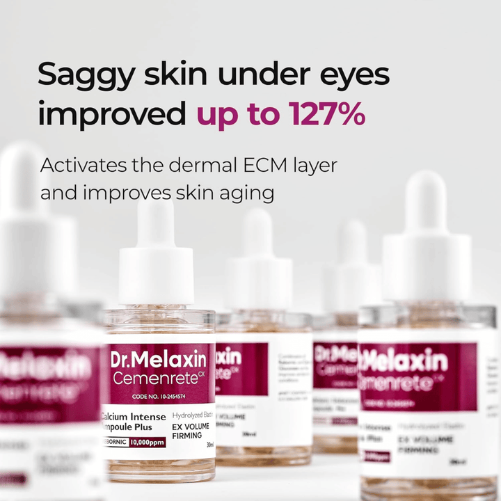 Dr. Melaxin Cemenrete Calcium Intense Ampoule Plus εμφανίζεται με έμφαση στη βελτίωση της χαλαρής επιδερμίδας κάτω από τα μάτια, ενεργοποιώντας το στρώμα ECM του δέρματος και υποστηρίζοντας την αντιγήρανση.